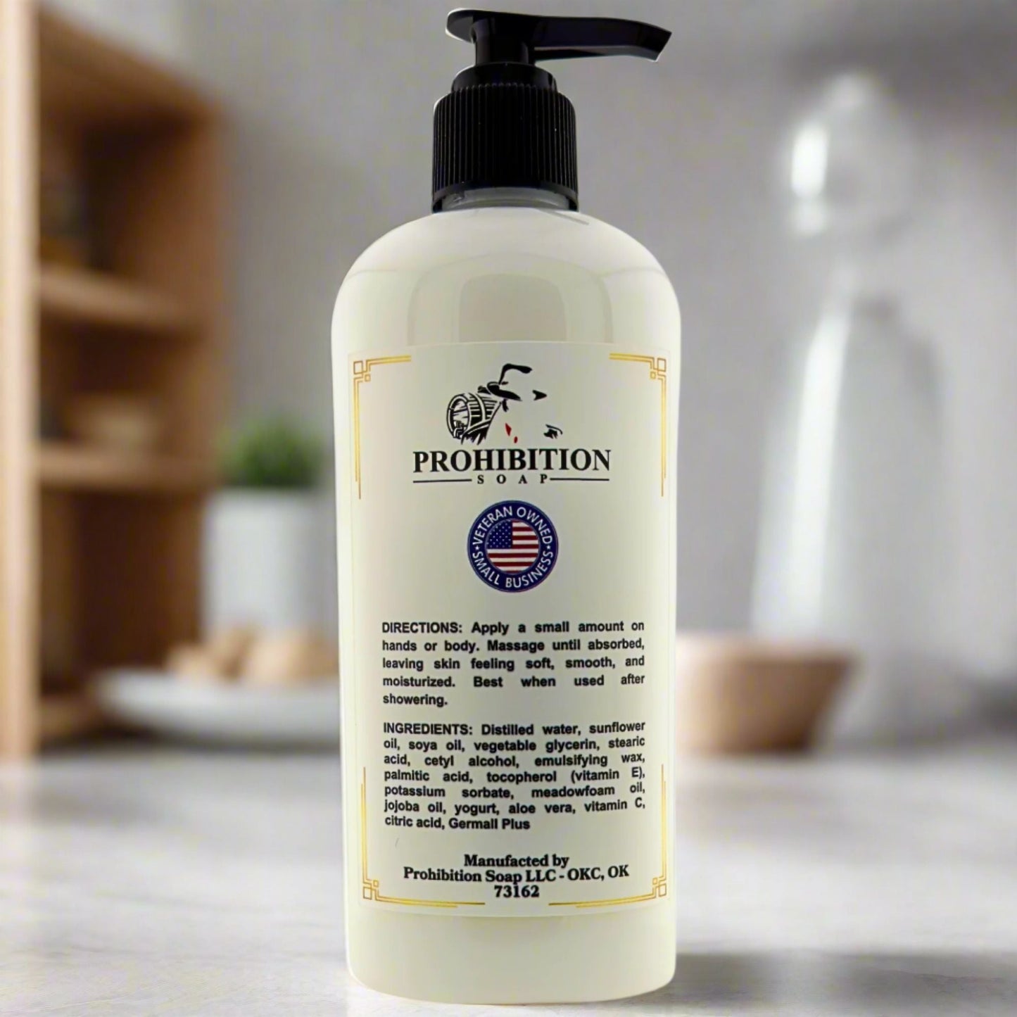 Moisturizing lotion bottle with black pump, back label text shown from side