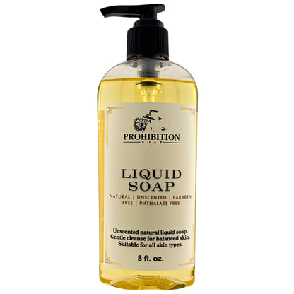 Liquid hand soap bottle with black pump, clear yellow liquid, front label