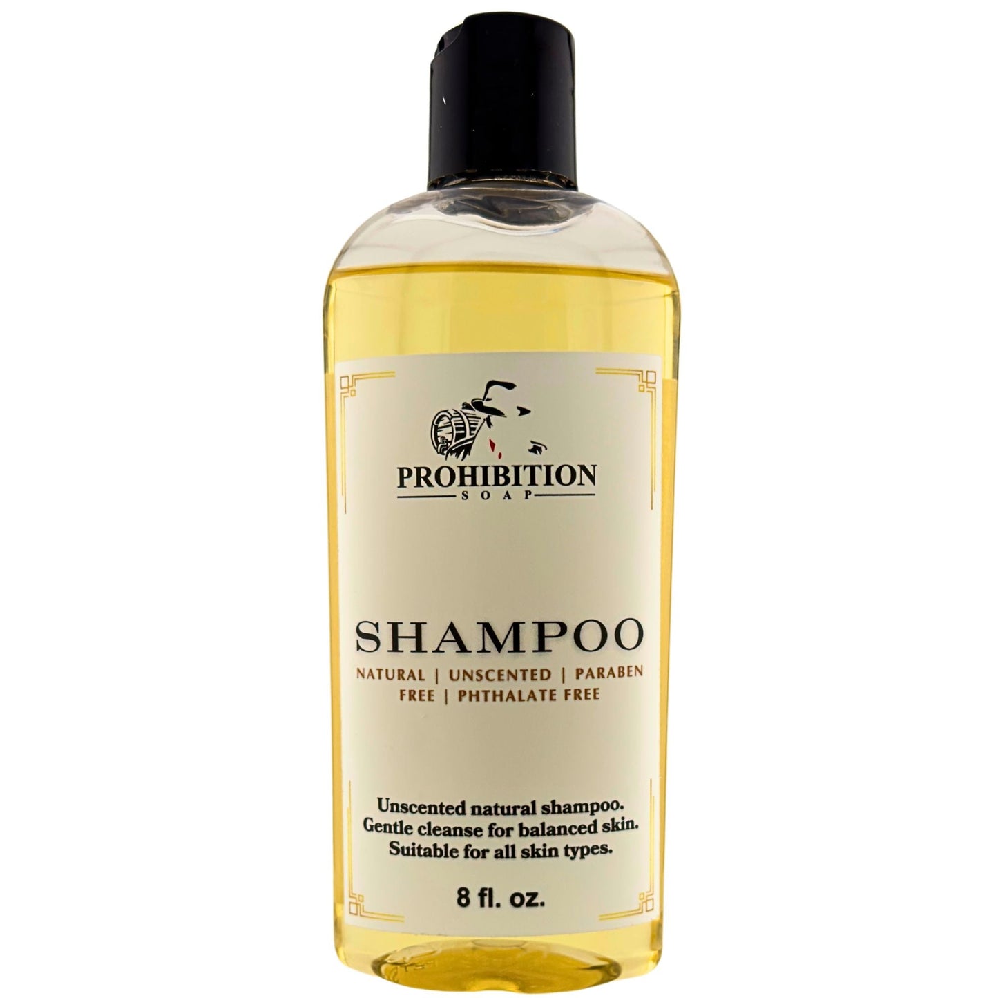 Shampoo bottle with black cap and yellow-gold front label, gentle cleansing, 8 fl oz