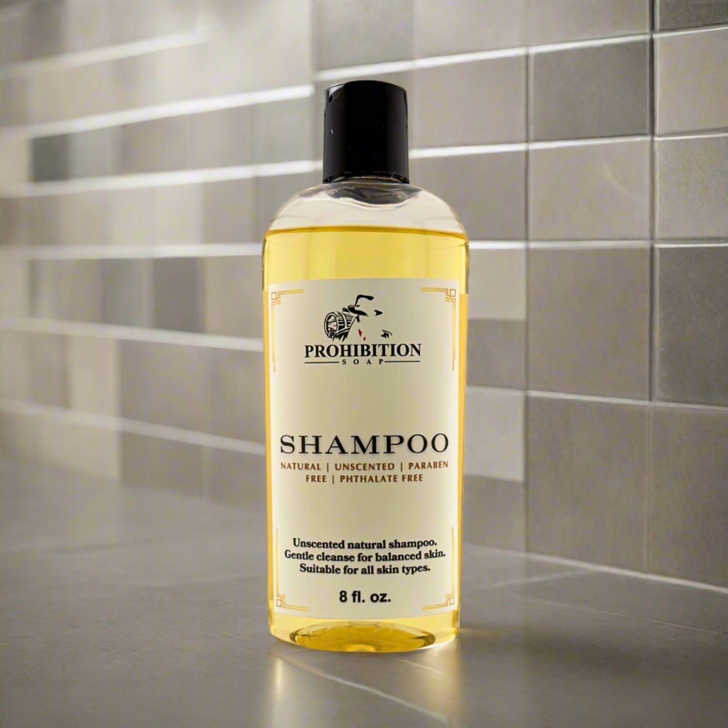 Shampoo bottle with black cap and front label, natural unscented formula, 8 fl oz