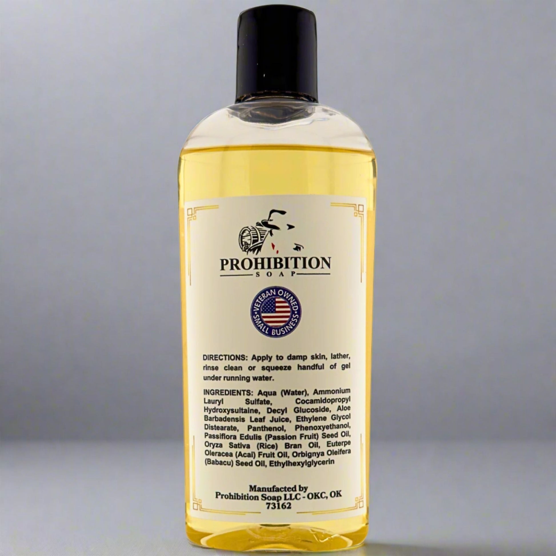 Shampoo bottle with black cap and back label with directions and ingredients
