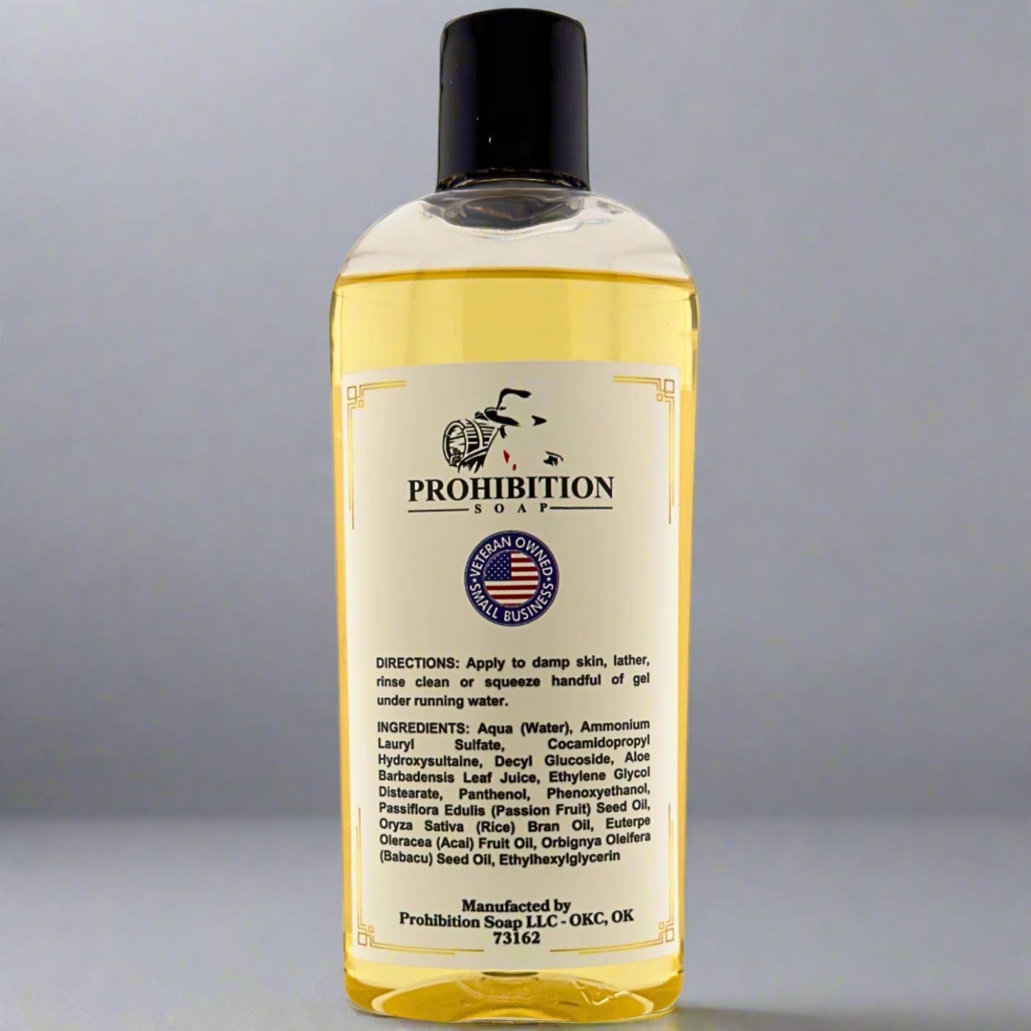 Prohibition Soap shower gel bottle with black pump cap, ingredient-side label visible.
