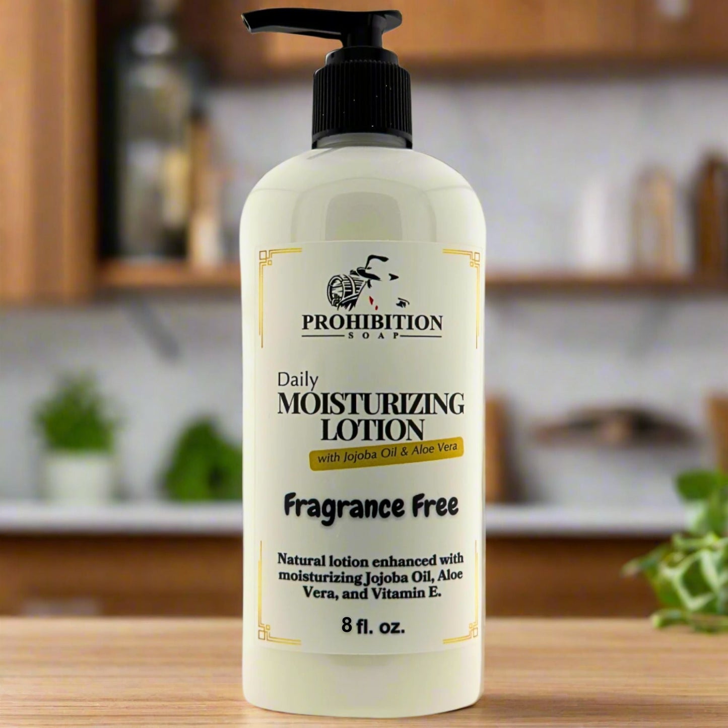 Fragrance-free daily moisturizing lotion bottle with black pump, cream-colored label