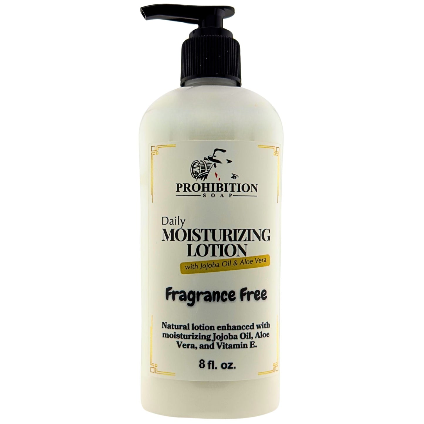 Fragrance-free lotion bottle with black pump, front label close-up