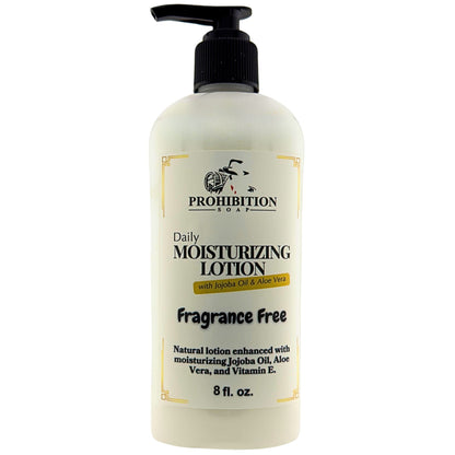 Fragrance-free lotion bottle with black pump, front label close-up