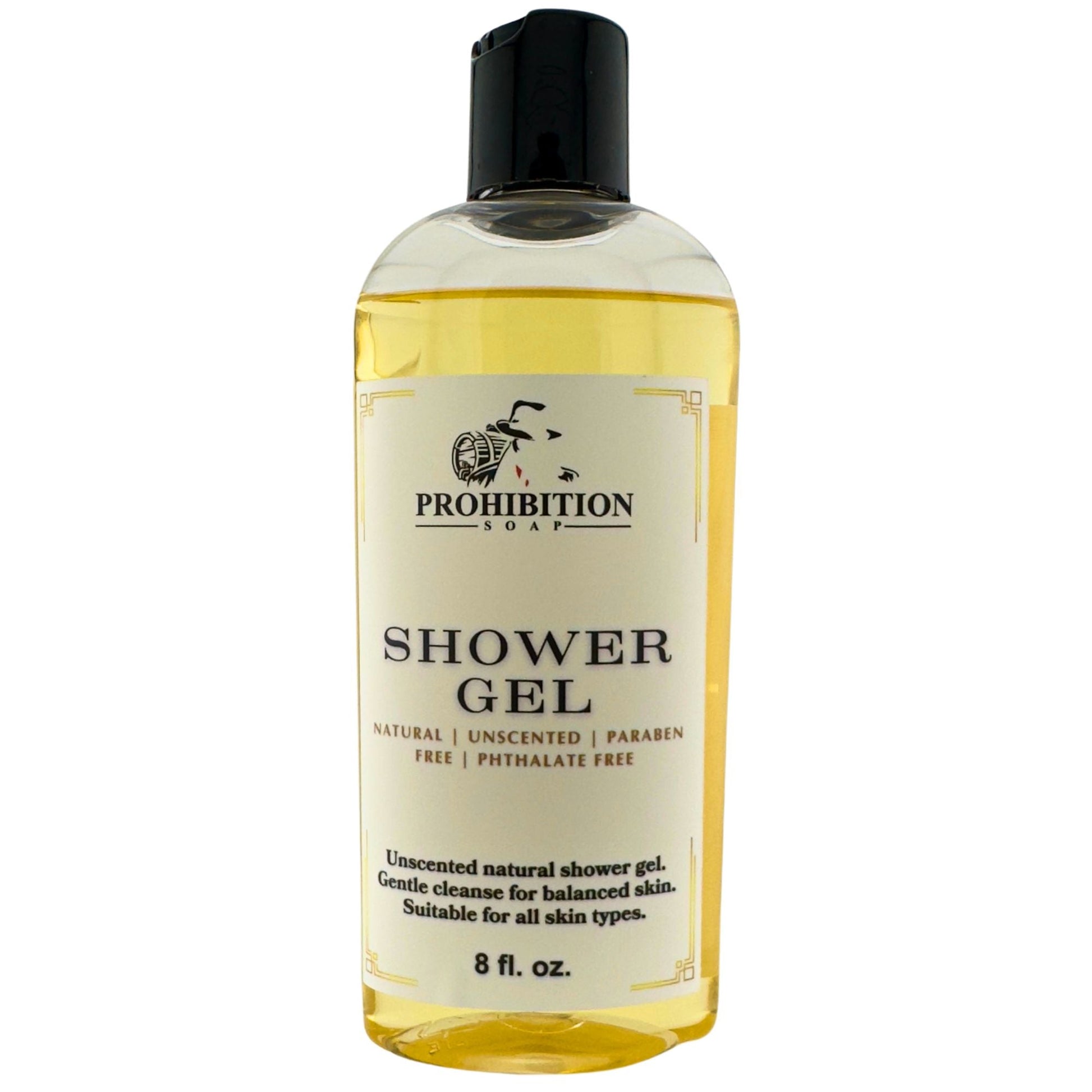 Prohibition Soap shower gel bottle with black pump cap, front label, amber liquid.