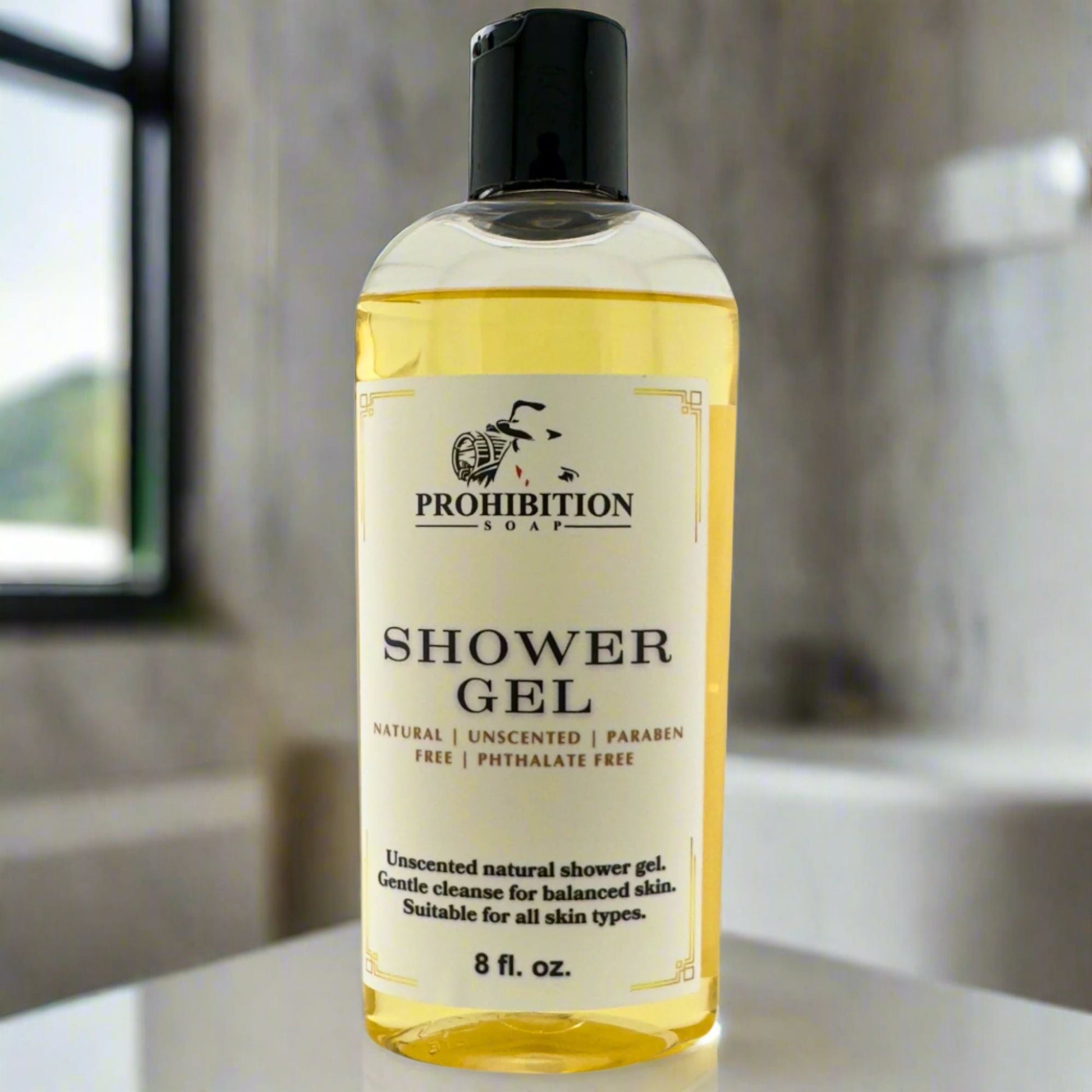 Prohibition Soap shower gel bottle with black pump cap, close front label, amber gel.