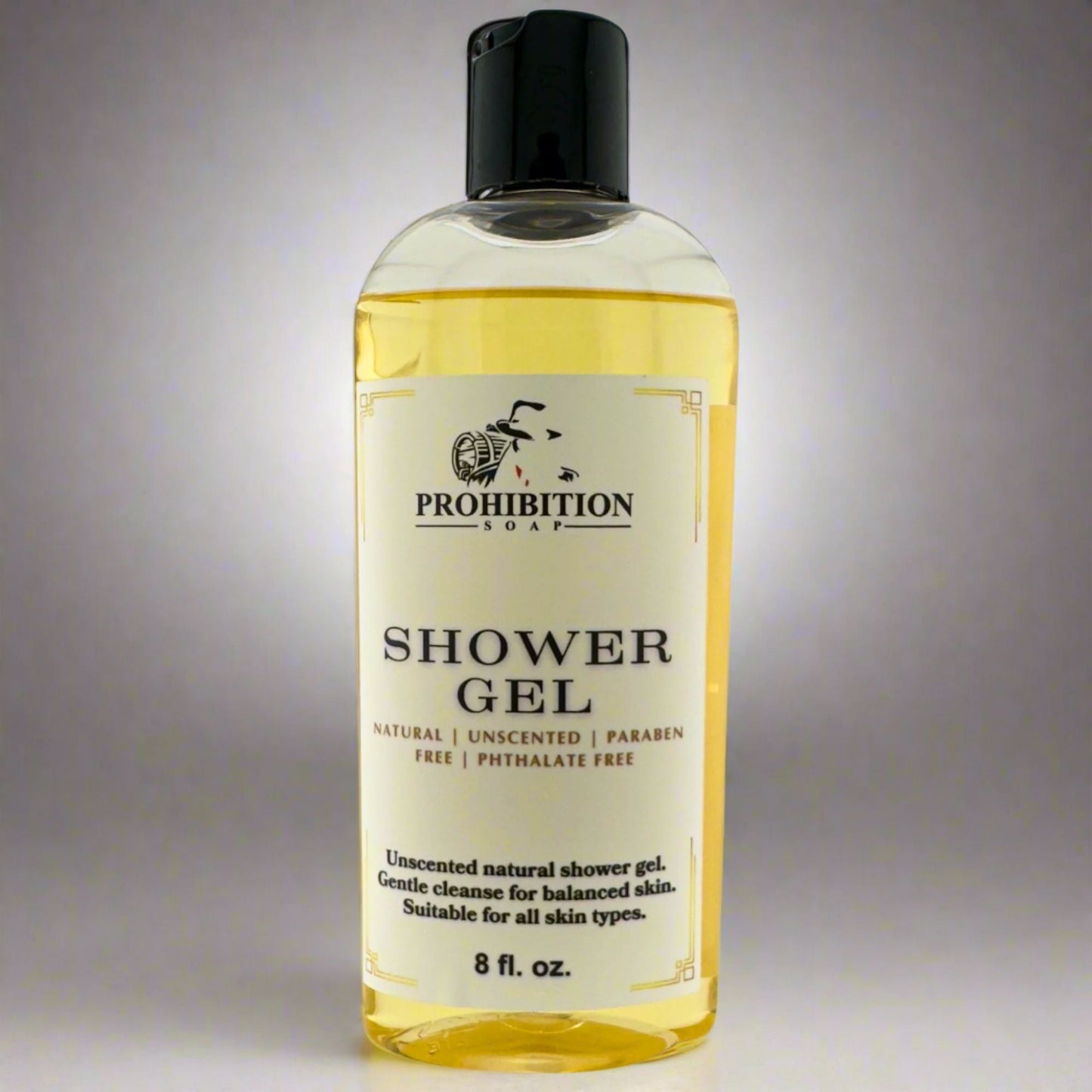 Prohibition Soap shower gel bottle with black pump cap, amber liquid, 8 fl oz.