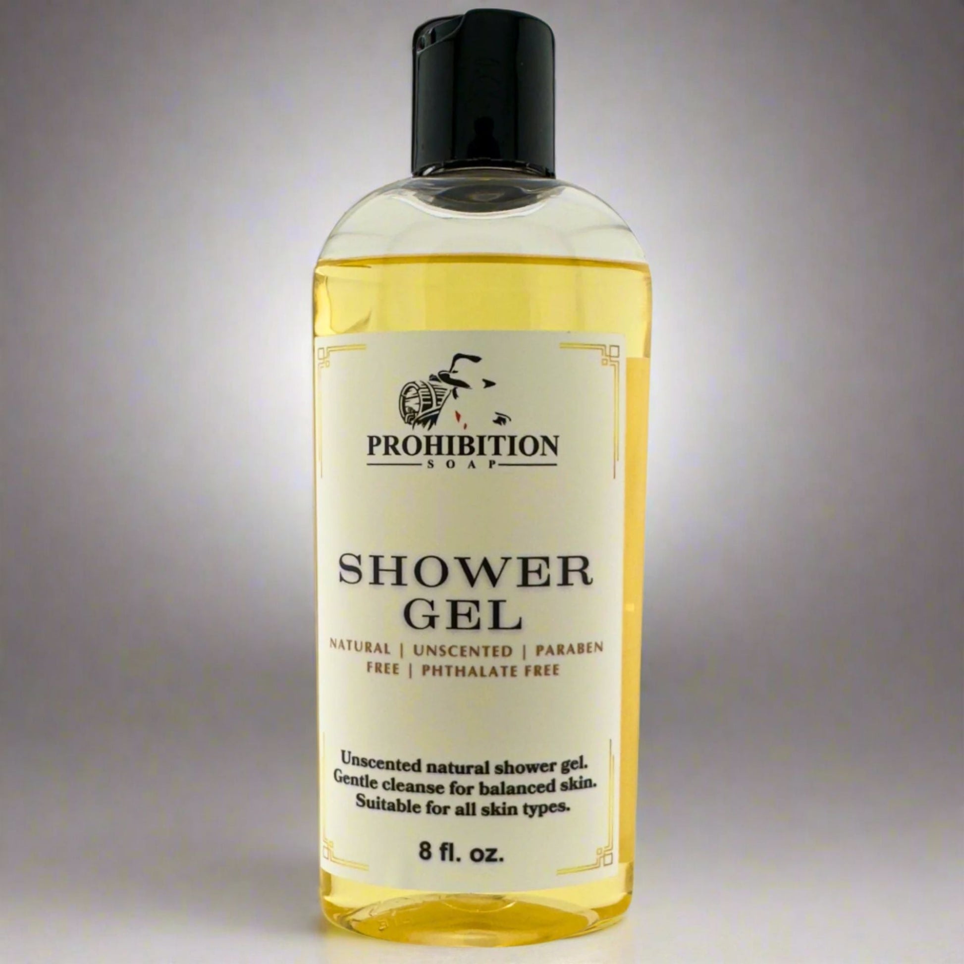 Prohibition Soap shower gel bottle with black pump cap, amber liquid, 8 fl oz.