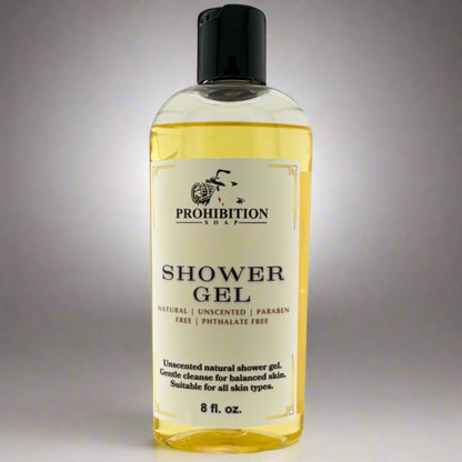 Prohibition Soap shower gel bottle with black pump cap, amber liquid, 8 fl oz.