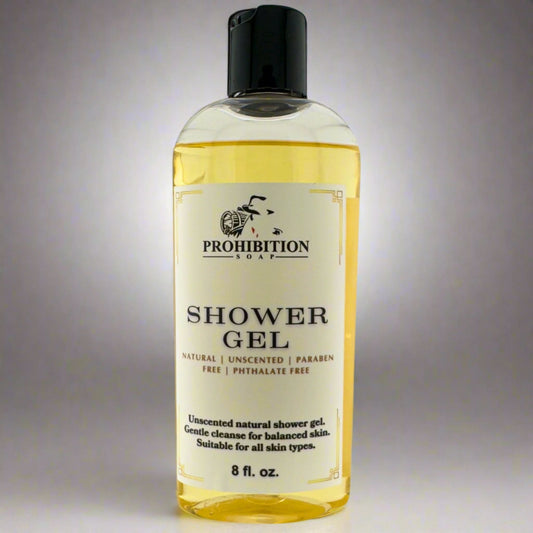 Prohibition Soap shower gel bottle with black pump cap, amber liquid, 8 fl oz.