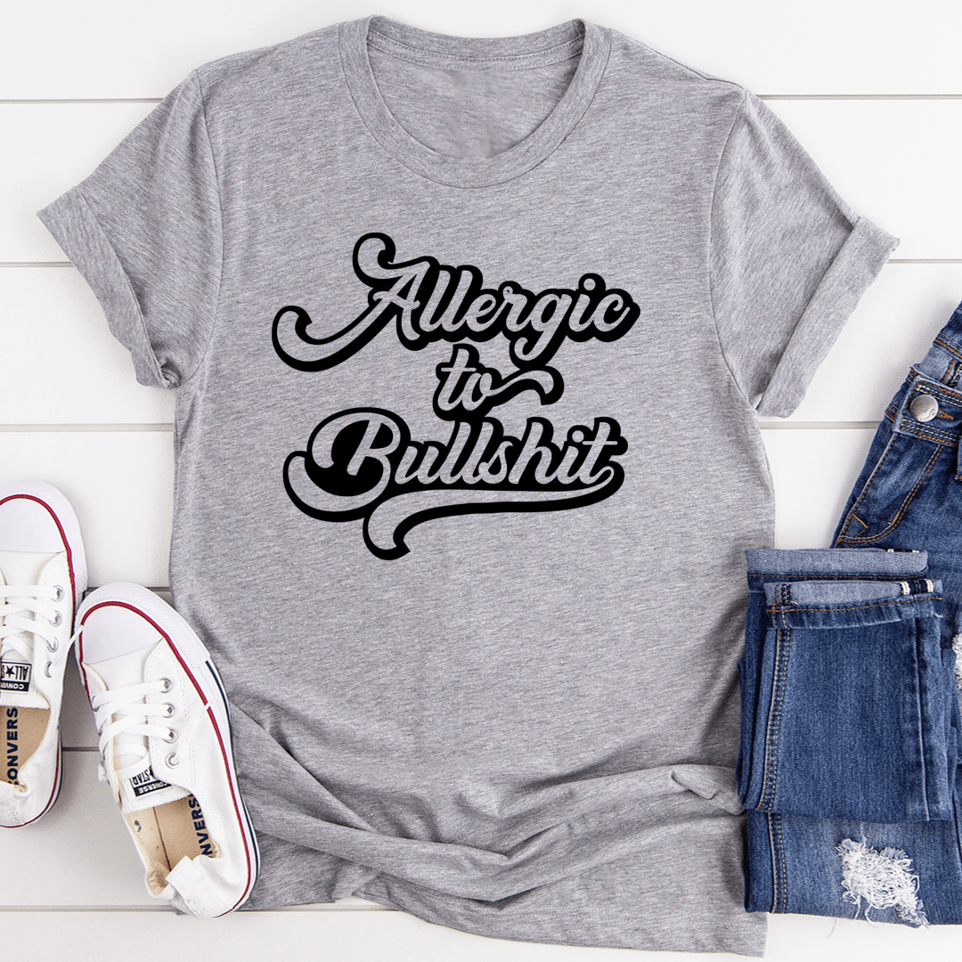 Heather gray crewneck T-shirt with 'Allergic to Bullshit' graphic on front