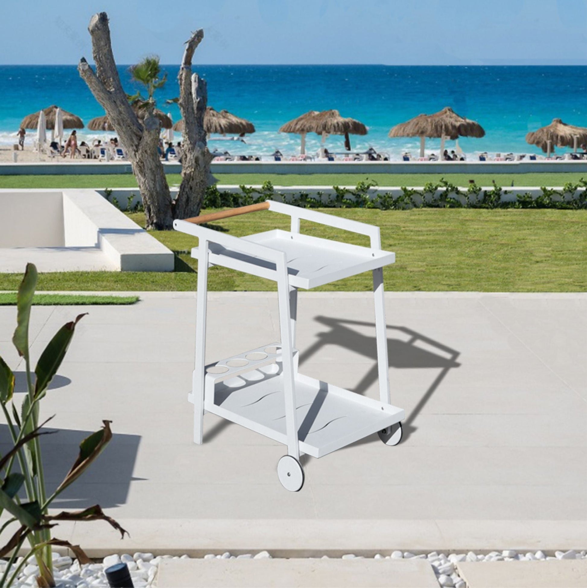 Aluminum White Indoor/Outdoor Patio Serving Dual-layer Cart with Teak Handle - Renee Lane Company