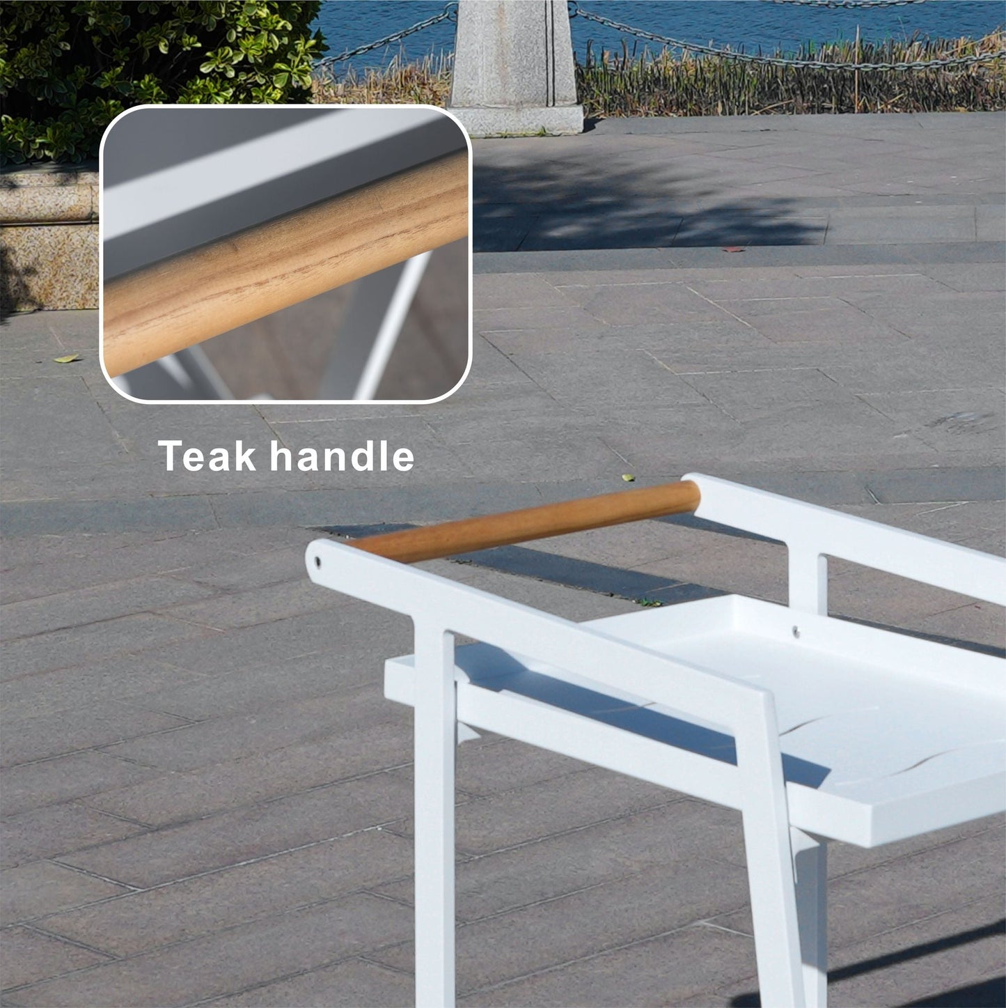 Aluminum White Indoor/Outdoor Patio Serving Dual-layer Cart with Teak Handle - Renee Lane Company
