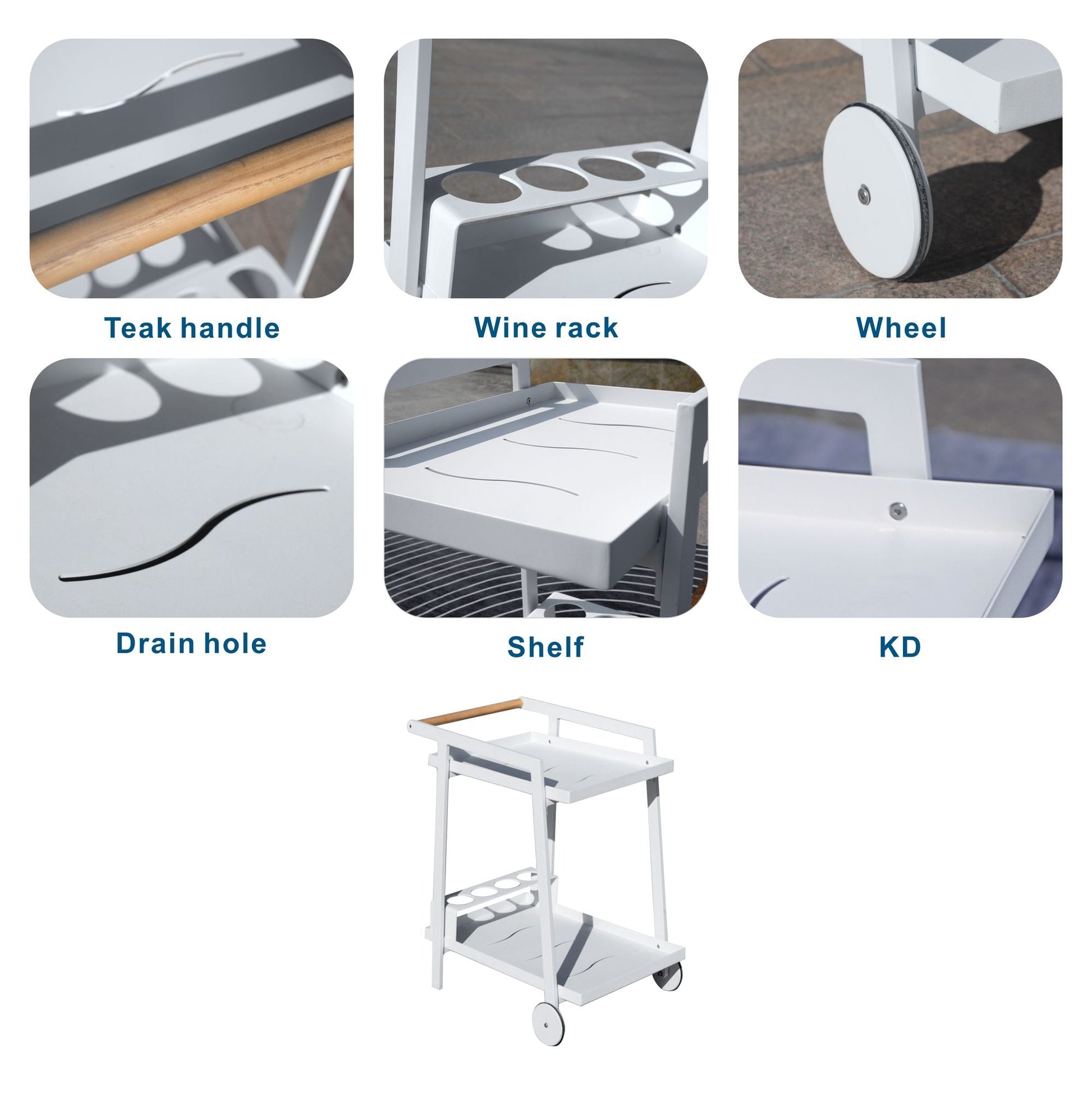 Aluminum White Indoor/Outdoor Patio Serving Dual-layer Cart with Teak Handle - Renee Lane Company
