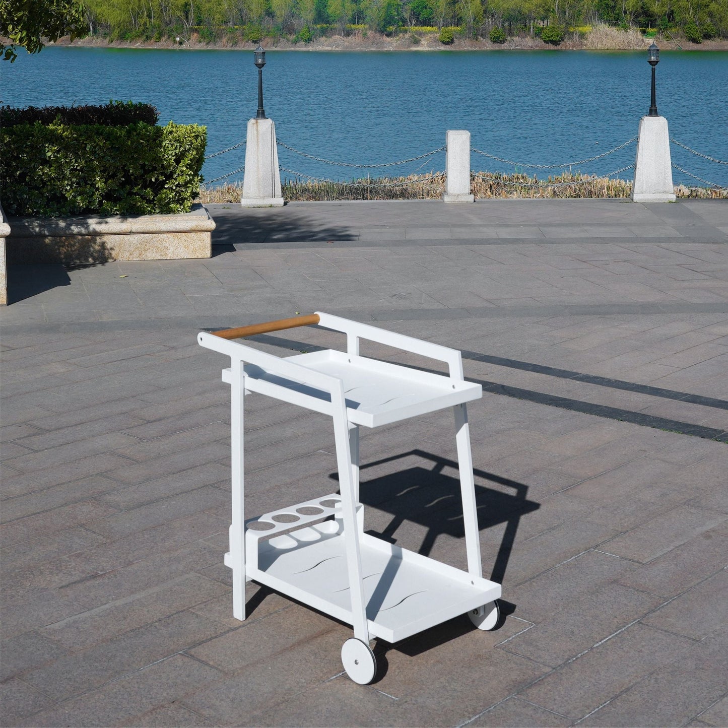 Aluminum White Indoor/Outdoor Patio Serving Dual-layer Cart with Teak Handle - Renee Lane Company