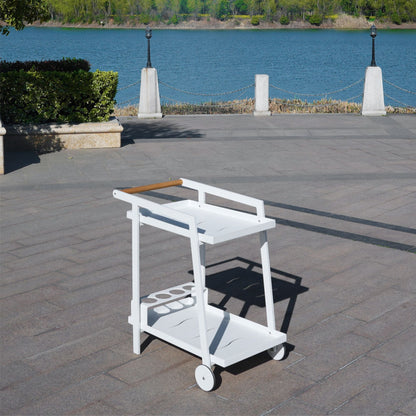 Aluminum White Indoor/Outdoor Patio Serving Dual-layer Cart with Teak Handle - Renee Lane Company