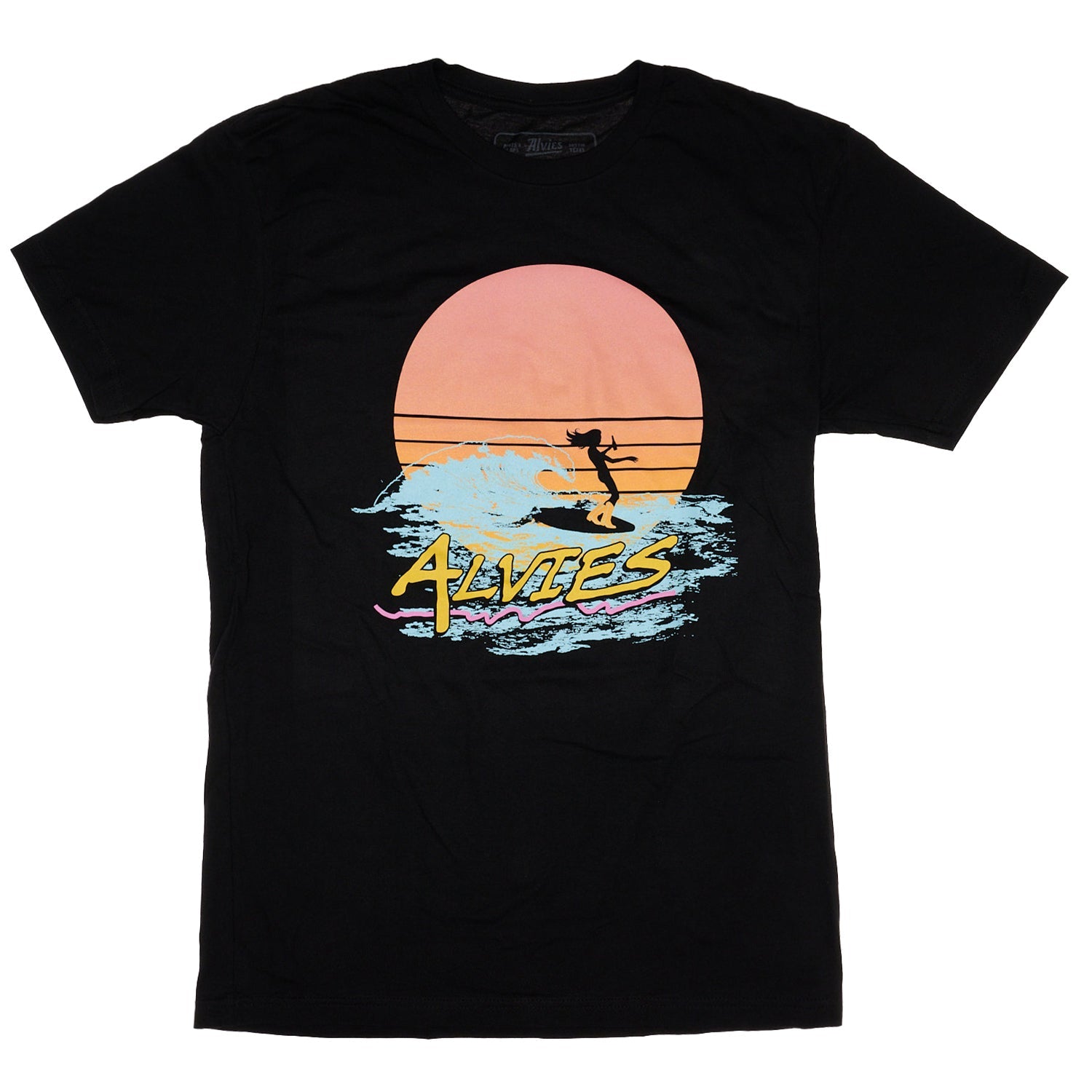 Black cowboy surfer T-shirt, front view with circular sunset graphic and colorful text.