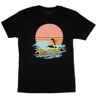 Black cowboy surfer T-shirt, front view with circular sunset graphic and colorful text.