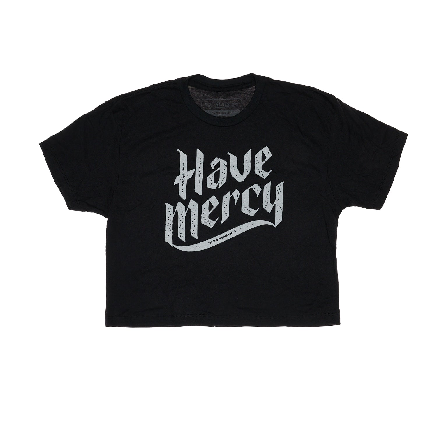 Black cropped T-shirt with short sleeves, "Have mercy" graphic front