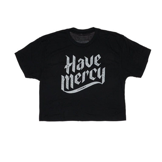 Black cropped T-shirt with short sleeves, "Have mercy" graphic front
