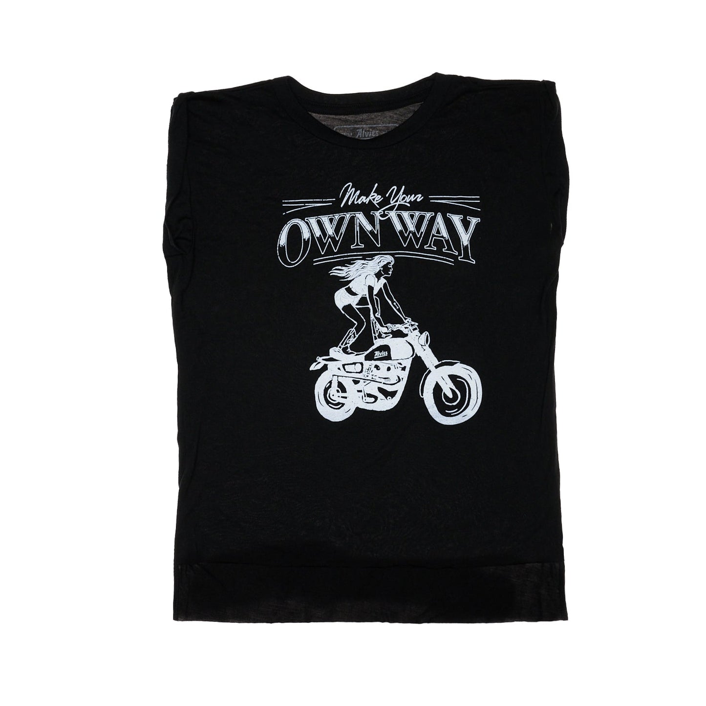 Black muscle tee with front graphic logo and motorcycle rider print