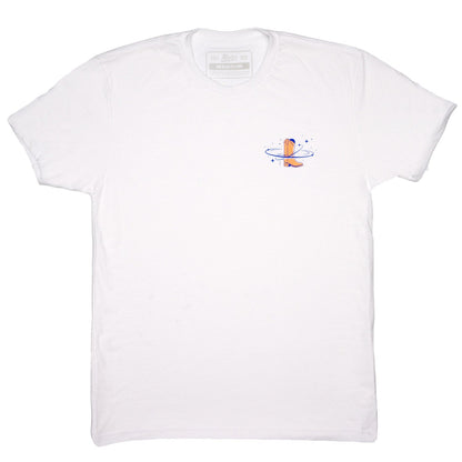 Wild West white T-shirt with small space-themed chest graphic