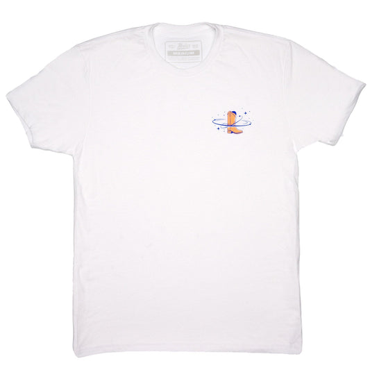 Wild West white T-shirt with small space-themed chest graphic