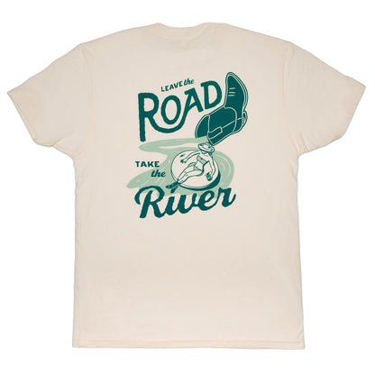 Off-white T-shirt with teal back text and road-river graphic