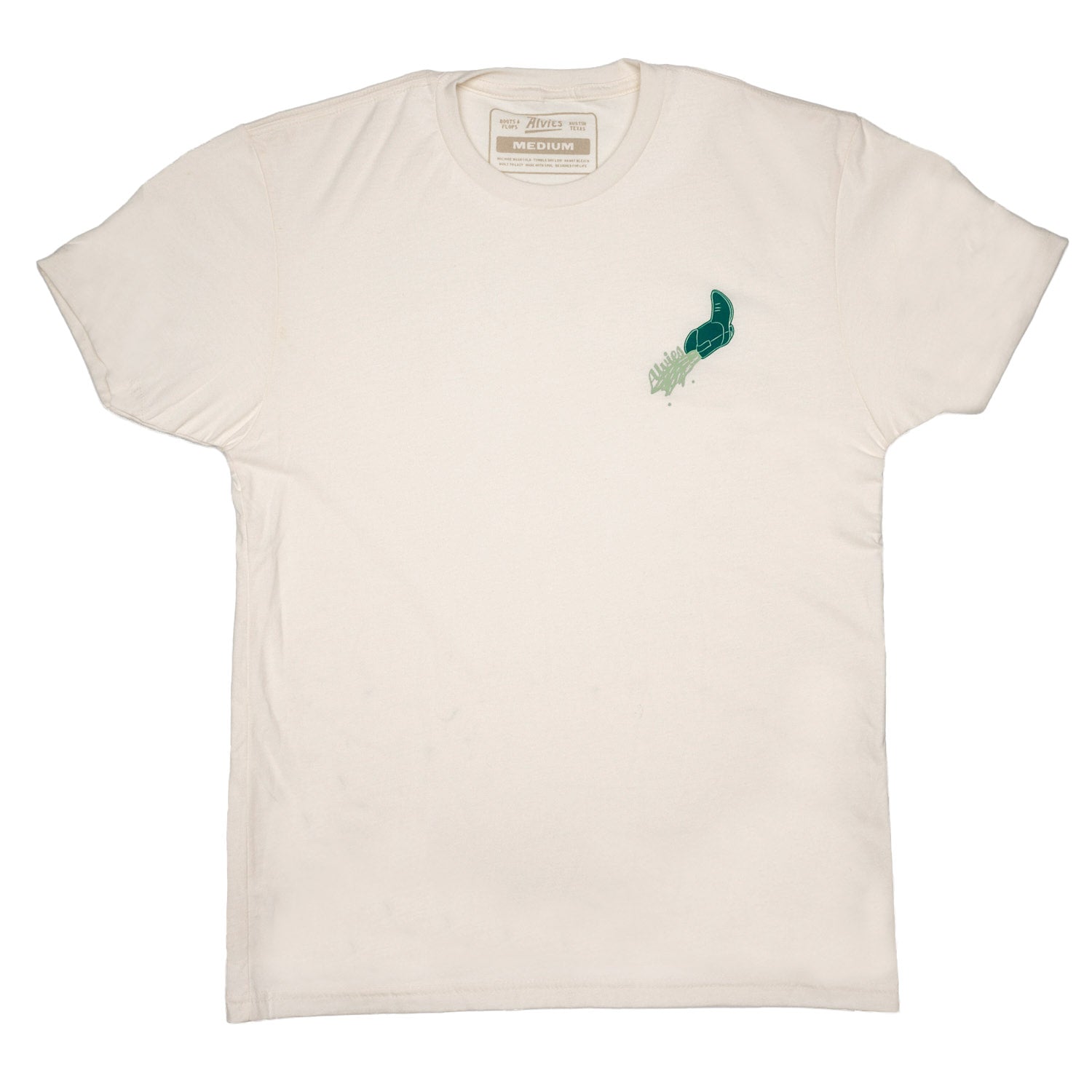 Off-white T-shirt with small teal bird graphic on chest