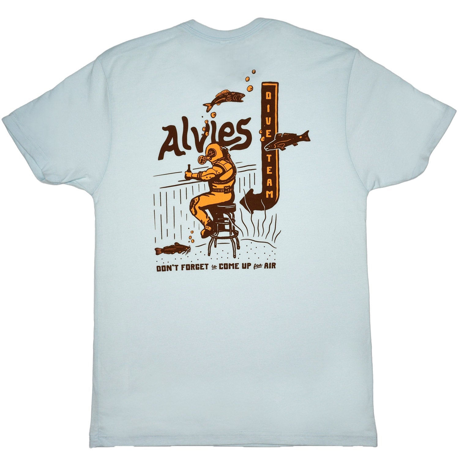 Light blue T-shirt with large back illustration and vertical text graphic