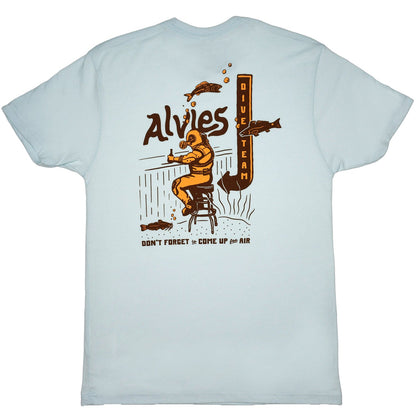 Light blue T-shirt with large back illustration and vertical text graphic