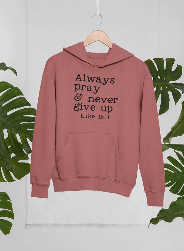 Heather prism peach hoodie with 'Always pray & never give up' front print and Luke 18:1