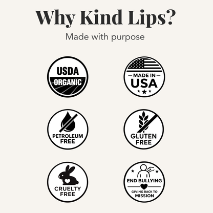 Lip balm variety pack icons: USDA organic, made in USA, petroleum-free, gluten-free