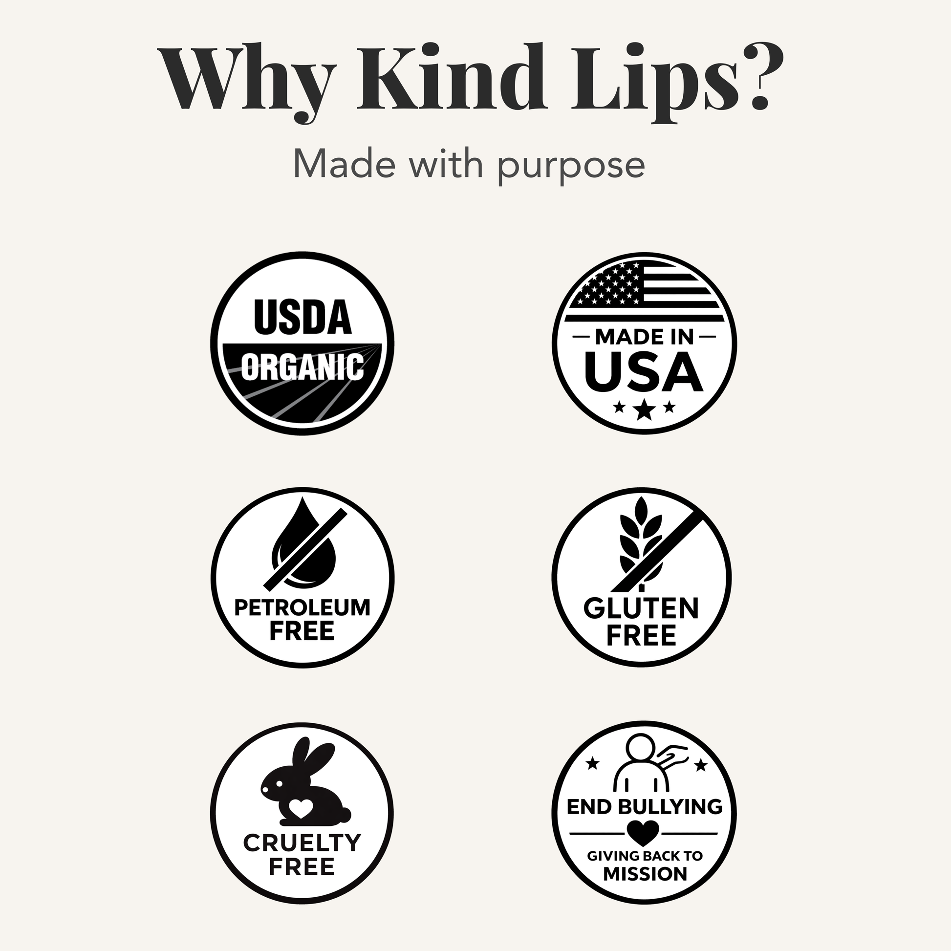 Lip balm brand badges: USDA organic, made in USA, petroleum free, gluten free, cruelty free
