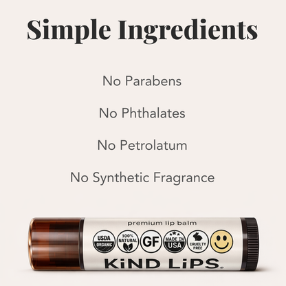 KIND LIPS premium lip balm shown with ingredient claims: no parabens, phthalates, petrolatum