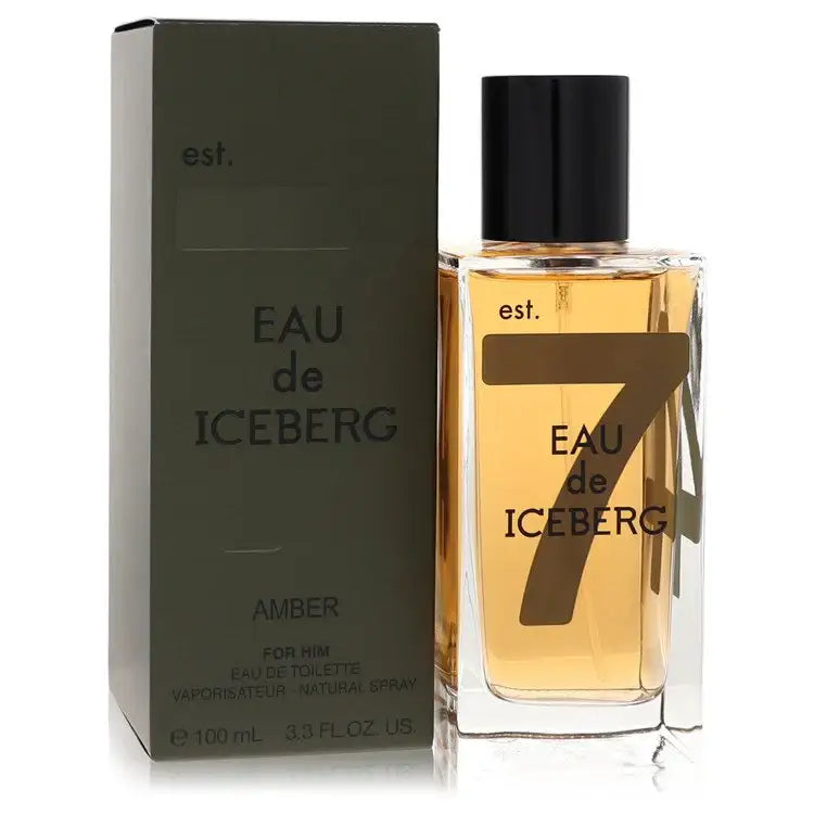 Amber Iceberg Eau de toilette spray bottle, amber liquid with black cap beside dark box
