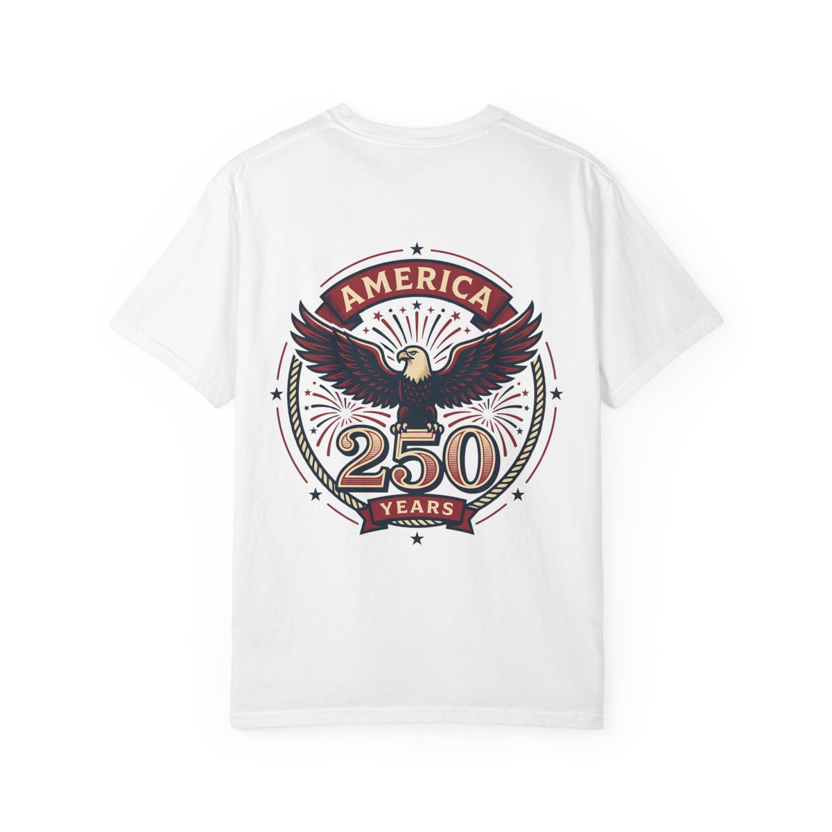 White T-shirt back graphic with eagle emblem and 'AMERICA 250 YEARS' badge