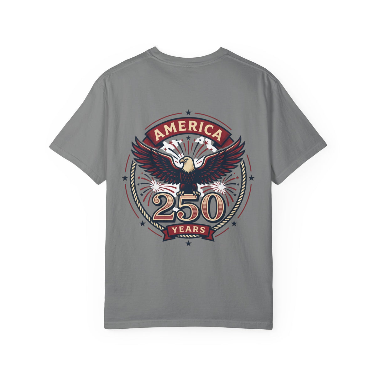 Grey T-shirt with circular eagle graphic and “250 Years” front print.