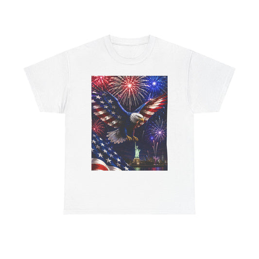 American Flag Eagle with Fireworks T-Shirt | Statue of Liberty 4th of July - Renee Lane Company