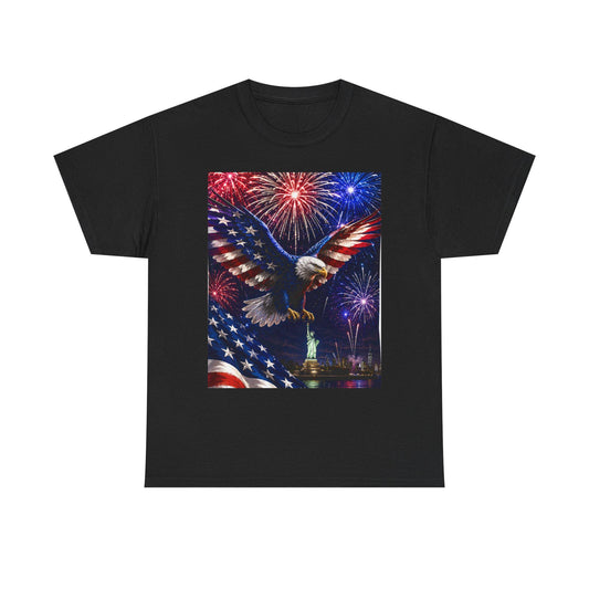 American Flag Eagle with Fireworks T-Shirt | Statue of Liberty 4th of July - Renee Lane Company
