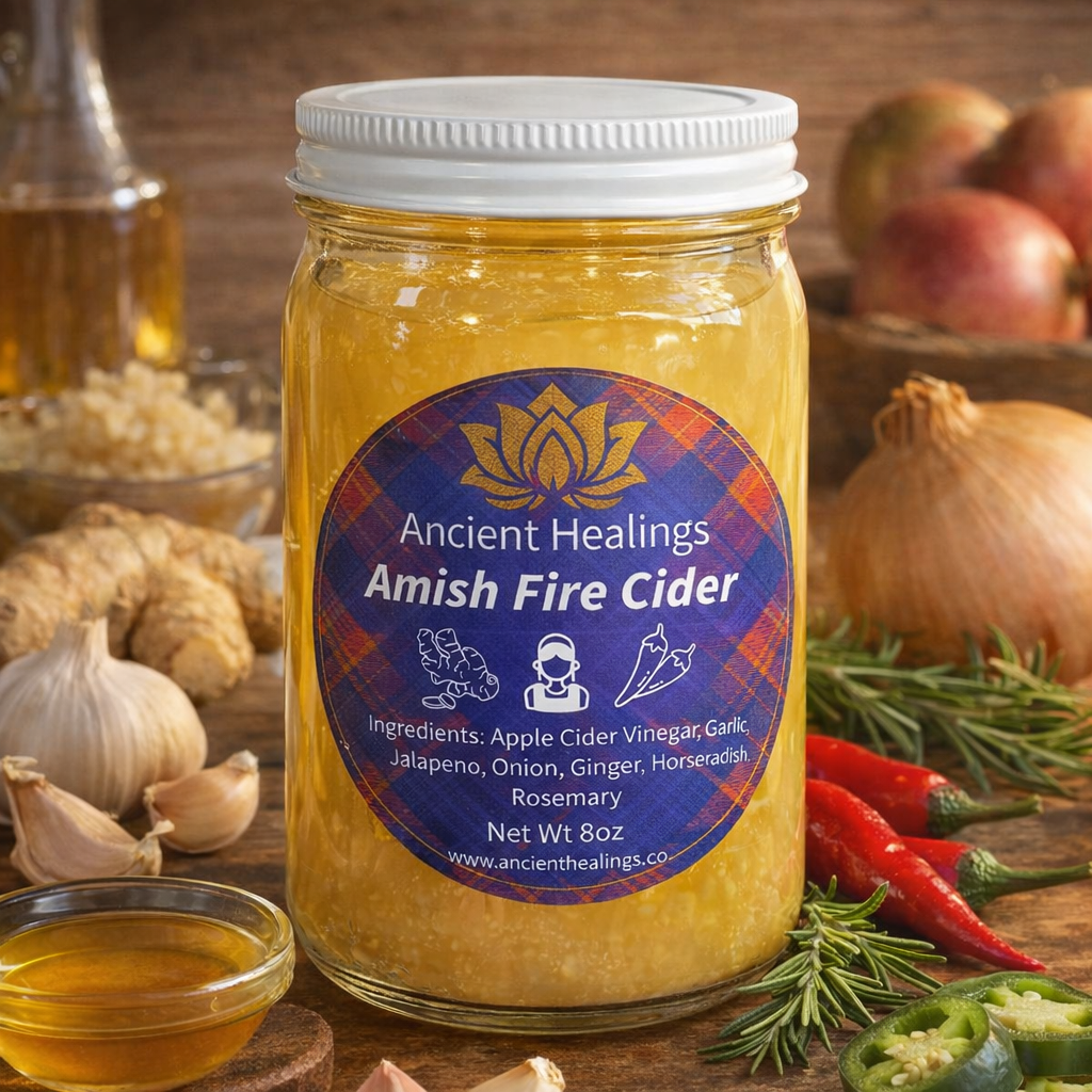 Amish Fire Cider glass jar with silver lid, golden liquid