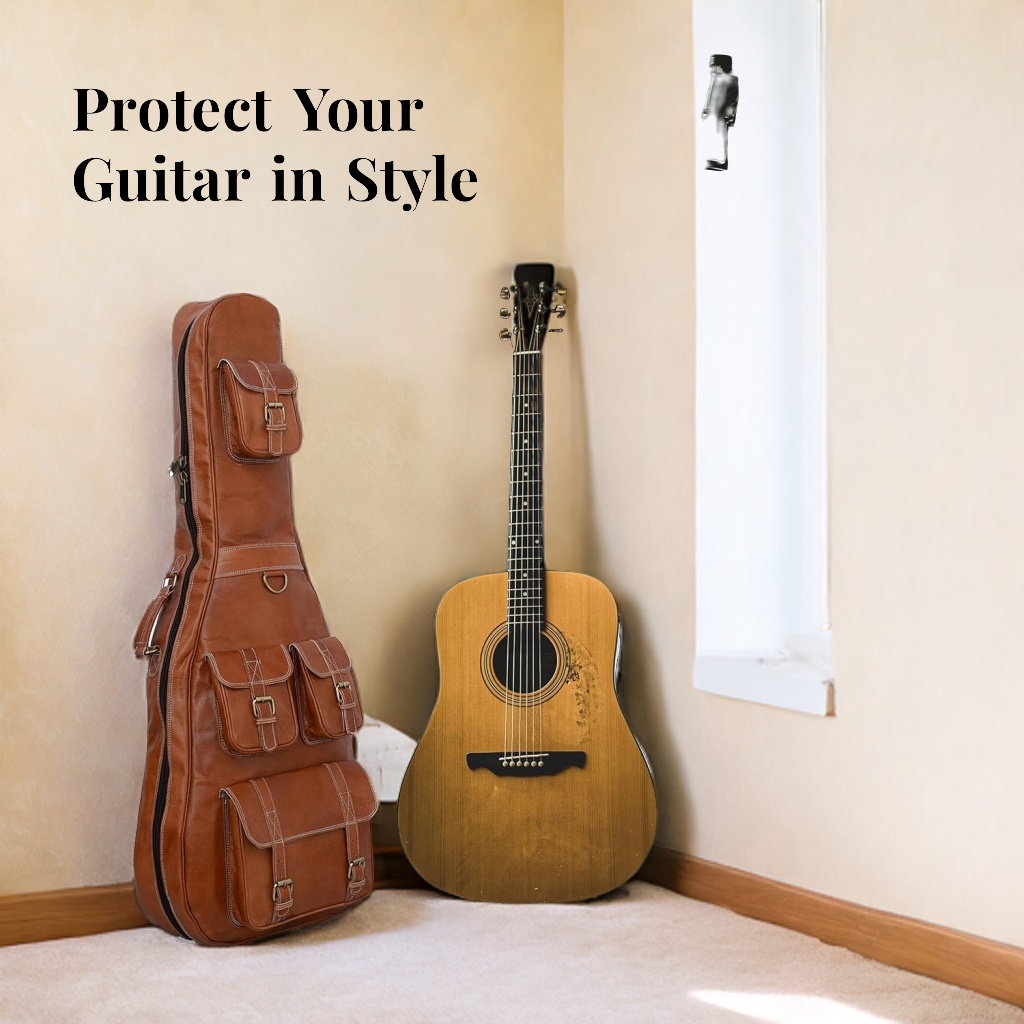 Brown leather guitar case with front pockets and buckled straps
