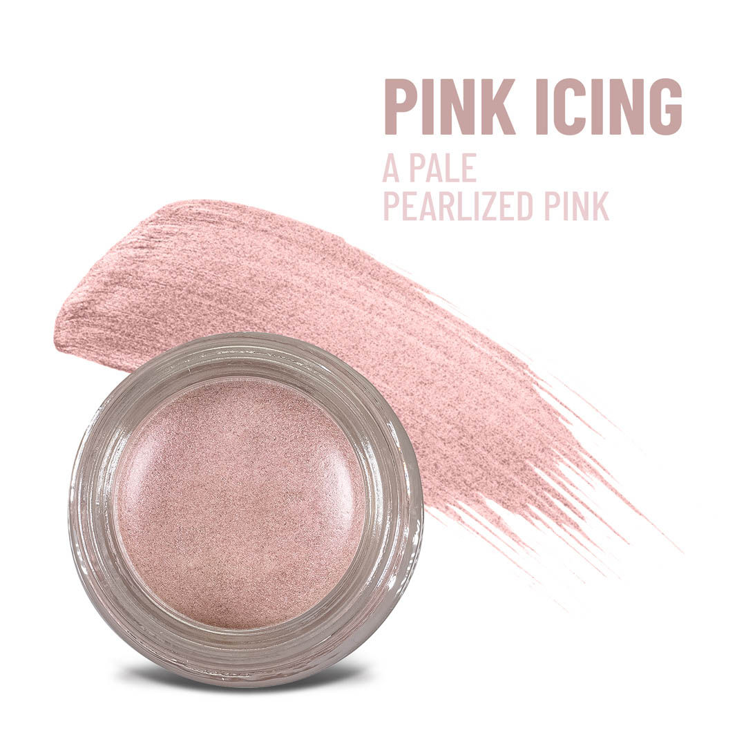 Pink pearl shimmer cream-to-powder in round clear jar with loose pigment swatch