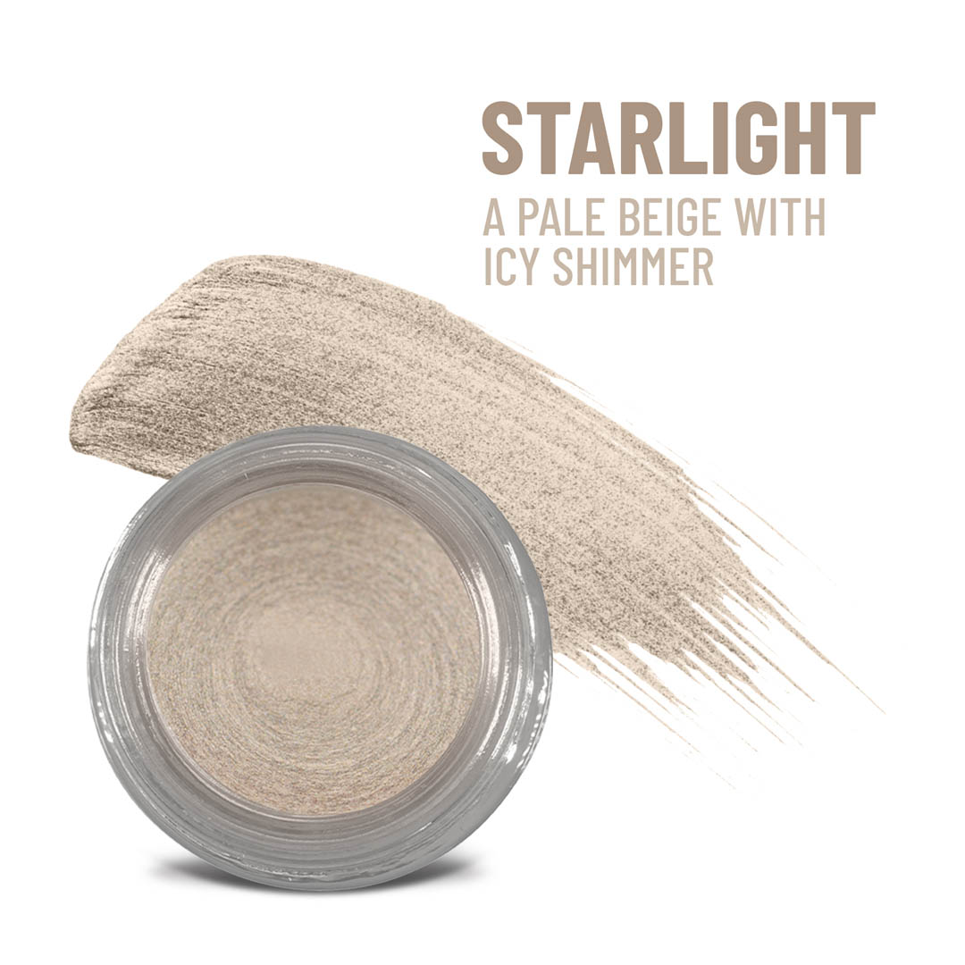 Cream-to-powder shimmer pot in pale beige with icy sheen, open jar and swatch