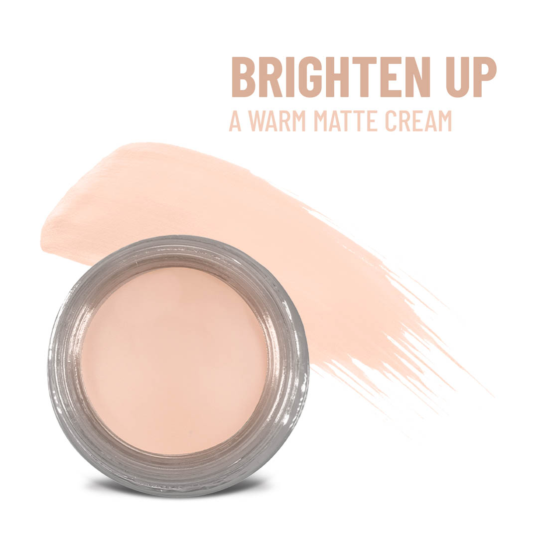 Brighten Up warm matte cream jar with light beige cream swatch