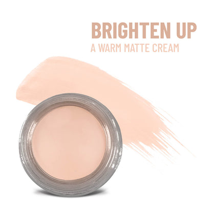 Brighten Up warm matte cream jar with light beige cream swatch