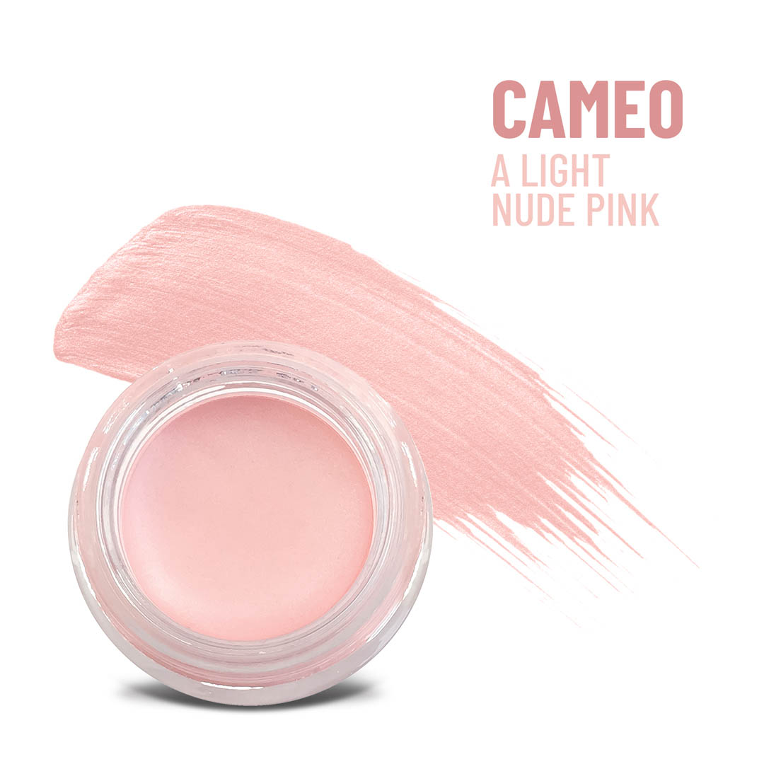 Round cream-to-powder makeup jar in light nude pink