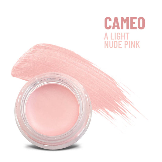 Round cream-to-powder makeup jar in light nude pink