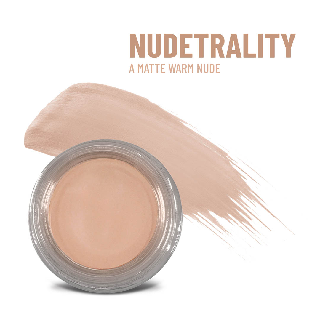 Nudetrality Any Wear creme in round clear jar with beige nude cream powder